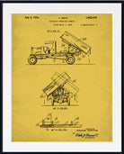 A framed vintage patent print of a 1934 dump truck, featuring technical line drawings and text on a yellowed paper background, enclosed in a black frame.