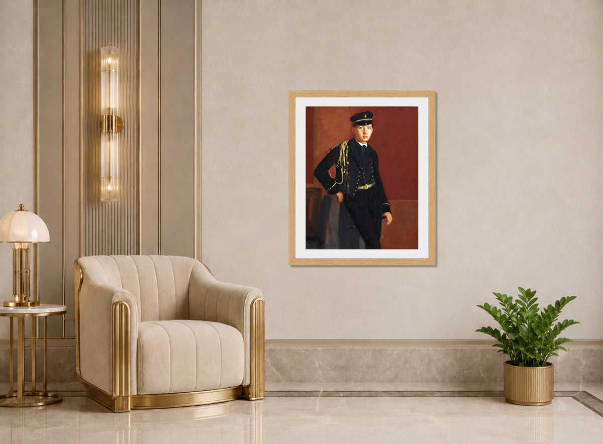 Edgar Degas Print, Achille De Gas in the Uniform of a Cadet (1856-1857) displayed in an Art Deco interior