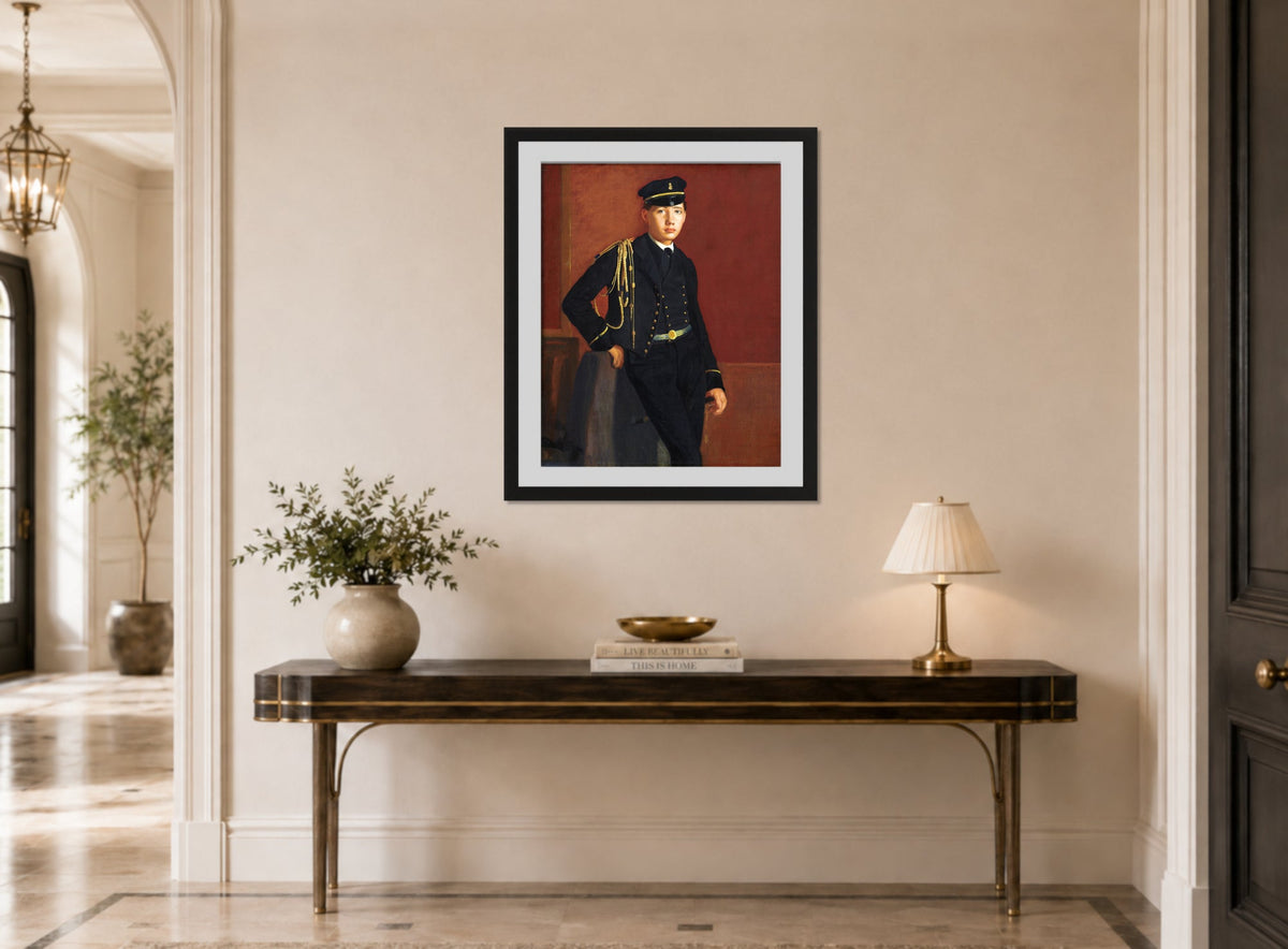 Edgar Degas Print, Achille De Gas in the Uniform of a Cadet (1856-1857) displayed above a console table