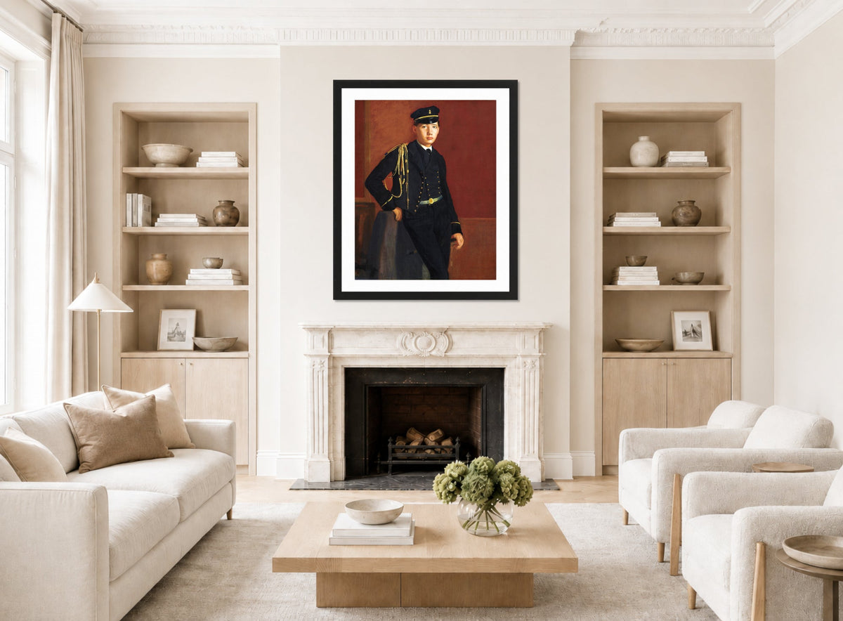 Edgar Degas Print, Achille De Gas in the Uniform of a Cadet (1856-1857) displayed in a Scandinavian living room