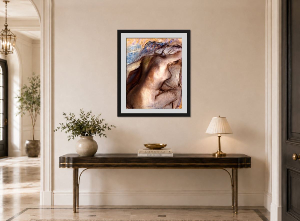 Edgar Degas Print, After the bath, woman drying herself (1884-1886) displayed above a console table