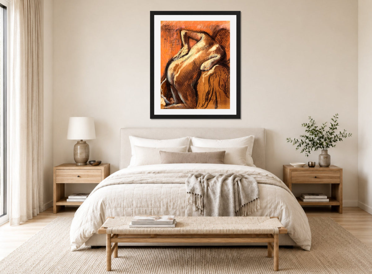 Edgar Degas Print, Après le bain, femme s’essuyant (1892) displayed above a bed