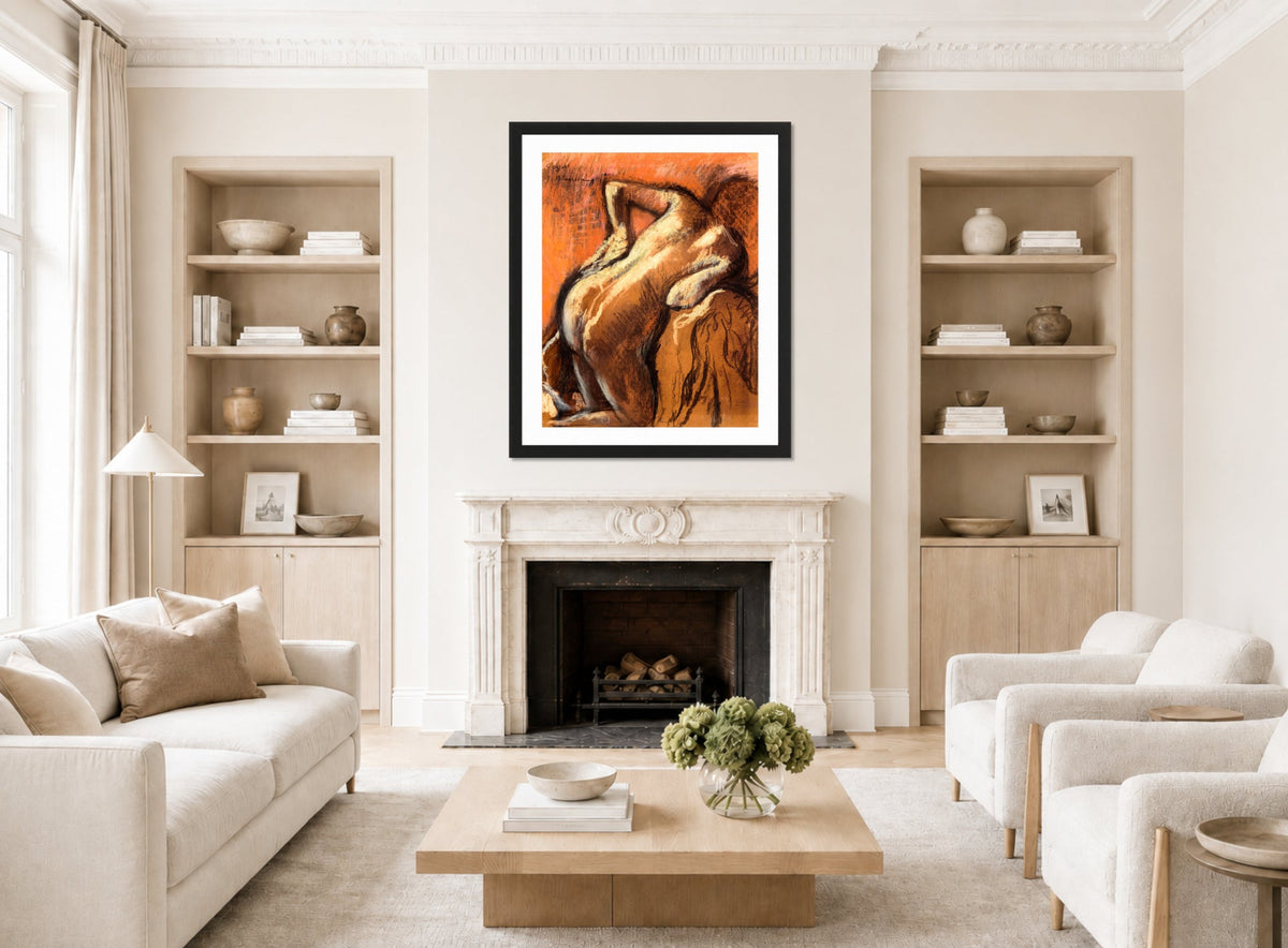 Edgar Degas Print, Après le bain, femme s’essuyant (1892) displayed in a Scandinavian living room