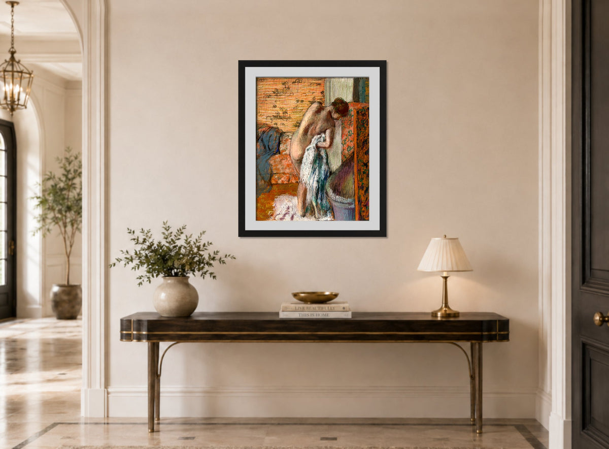Edgar Degas Print, Après le bain (Femme s’essuyant) (about 1896) displayed above a console table