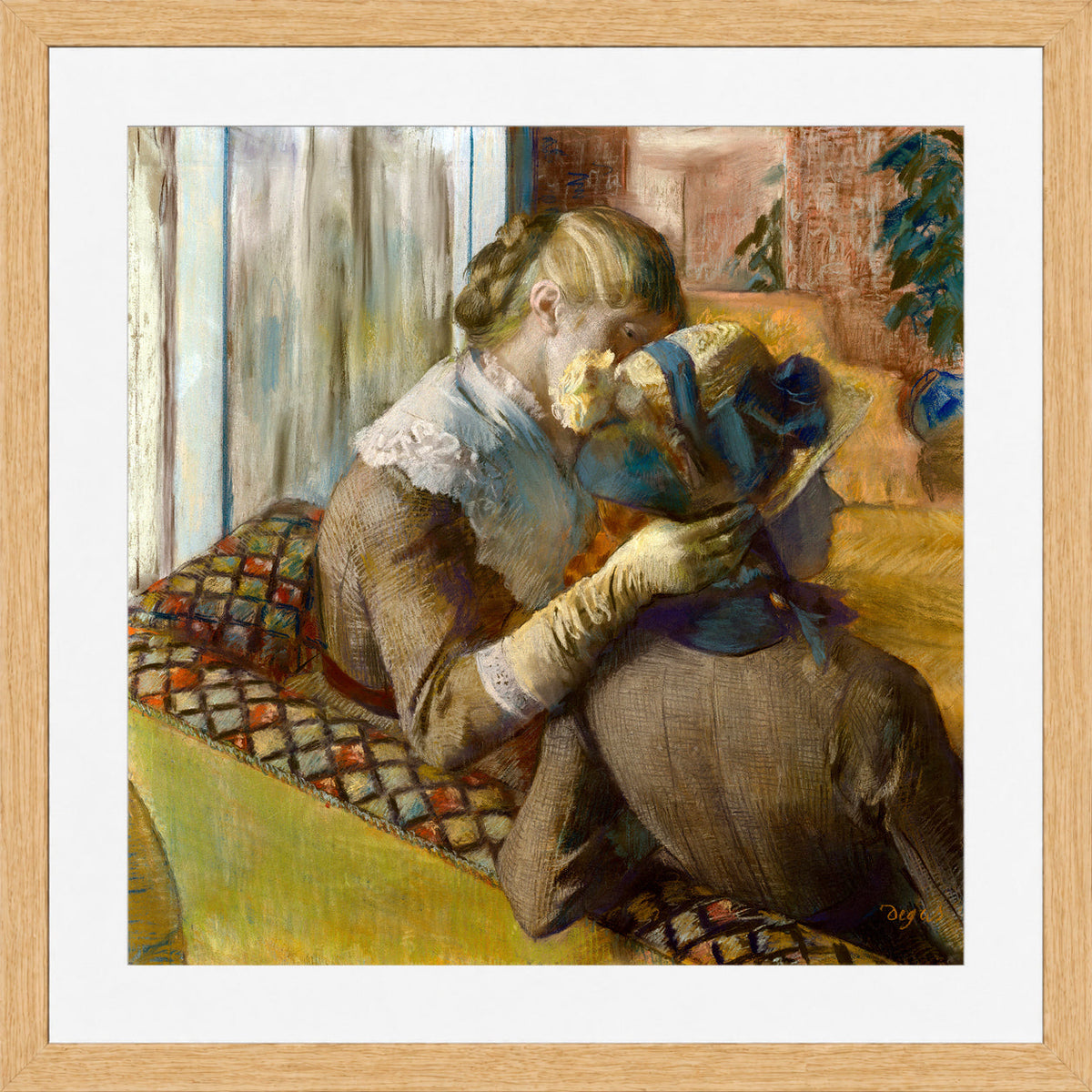 Edgar Degas Print, At the Milliner’s (1881) in a light oak frame