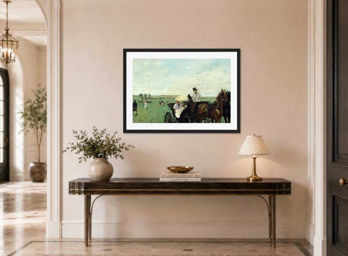 Edgar Degas Print, At The Races In The Countryside (1869) displayed above a console table