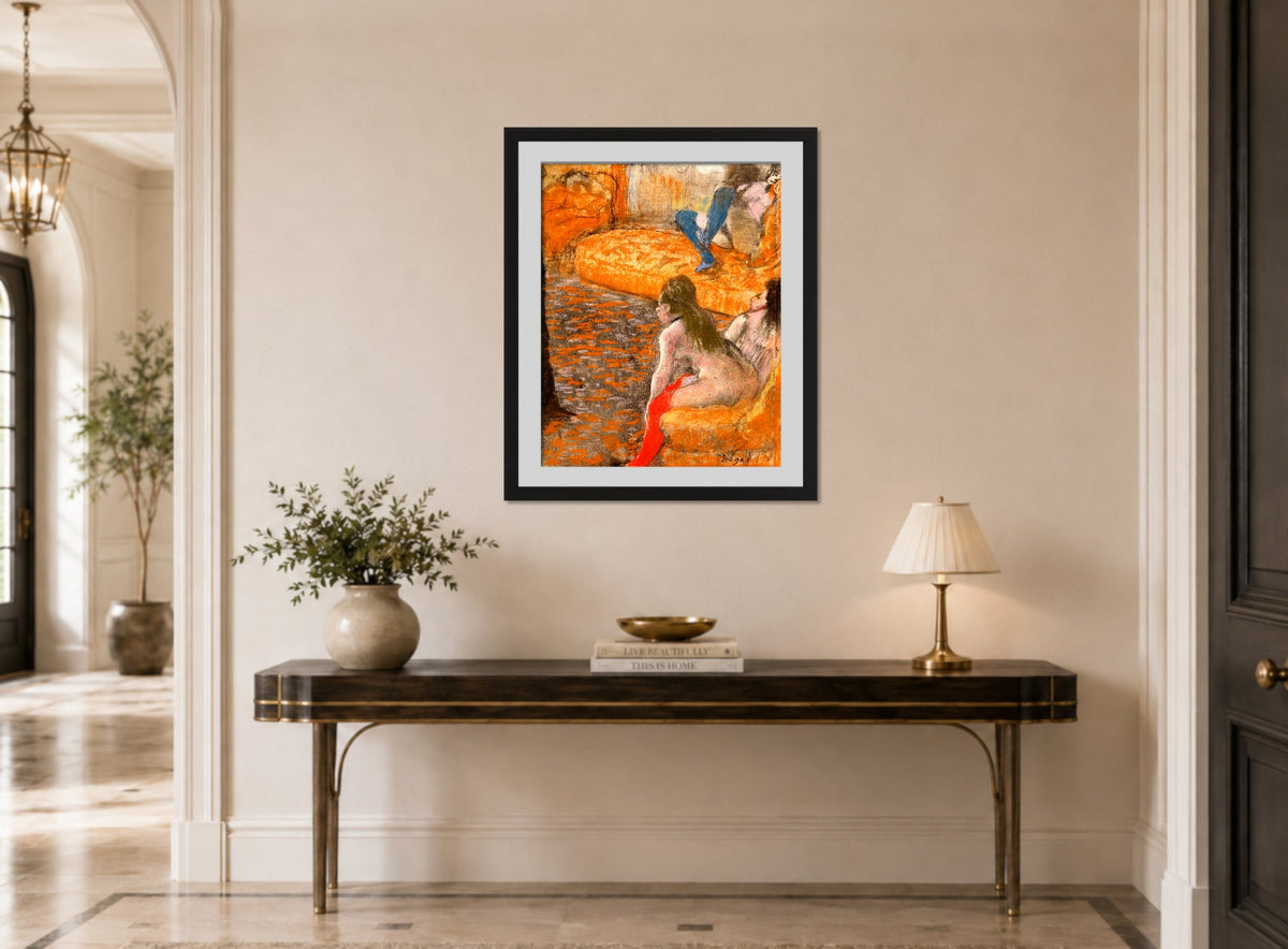 Edgar Degas Print, Attente d’un client (1879) displayed above a console table