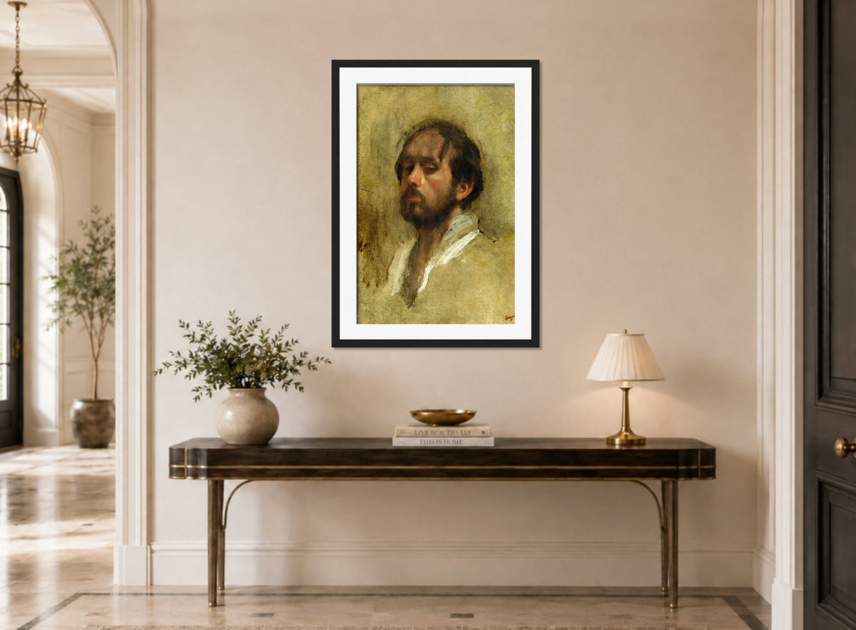 Edgar Degas Print, Autoportrait (circa 1862) displayed above a console table