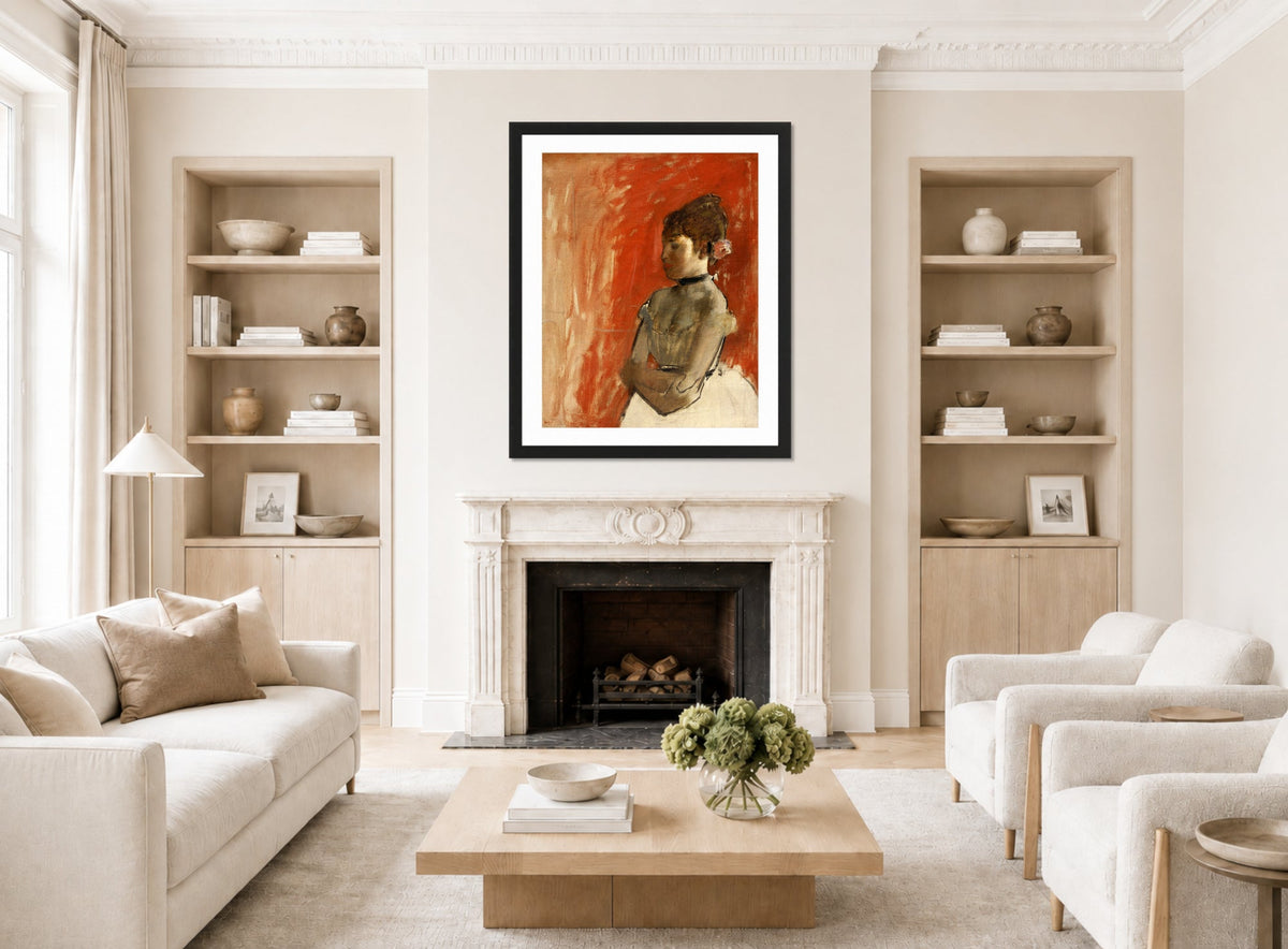 Edgar Degas Print, Ballet Dancer With Arms Crossed (circa 1872) displayed in a Scandinavian living room