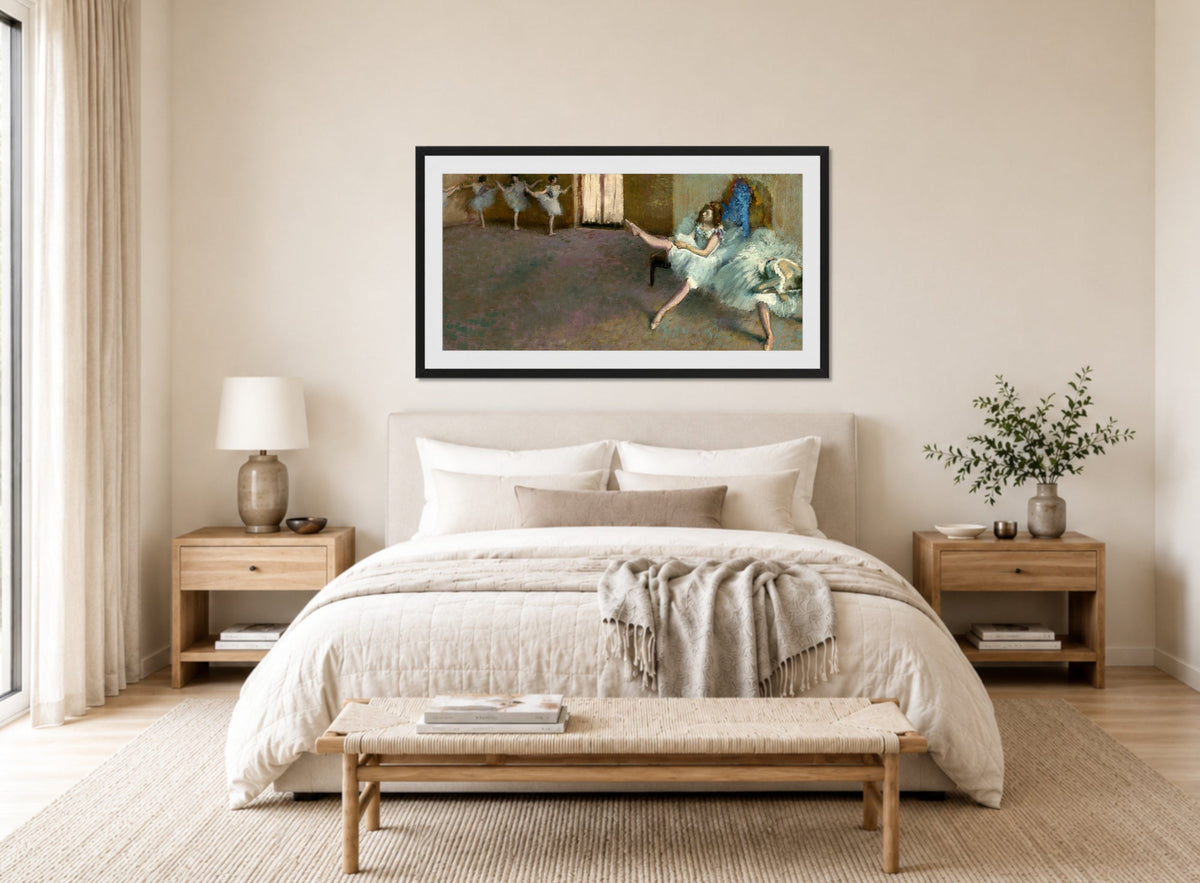 Edgar Degas Print, Before the Ballet (1890-1892) displayed above a bed