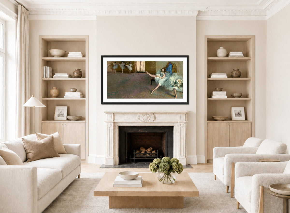 Edgar Degas Print, Before the Ballet (1890-1892) displayed in a Scandinavian living room