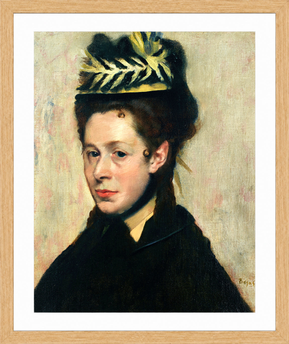 Edgar Degas Print, Buste de femme au chapeau à plumes (circa 1887) in a light oak frame