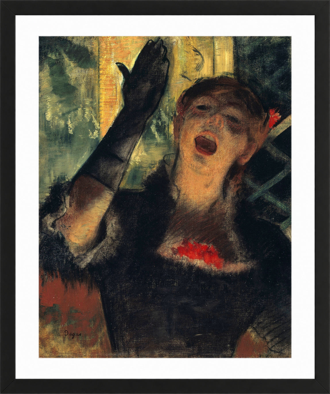Edgar Degas Print, Café Singer (1879) in a black frame