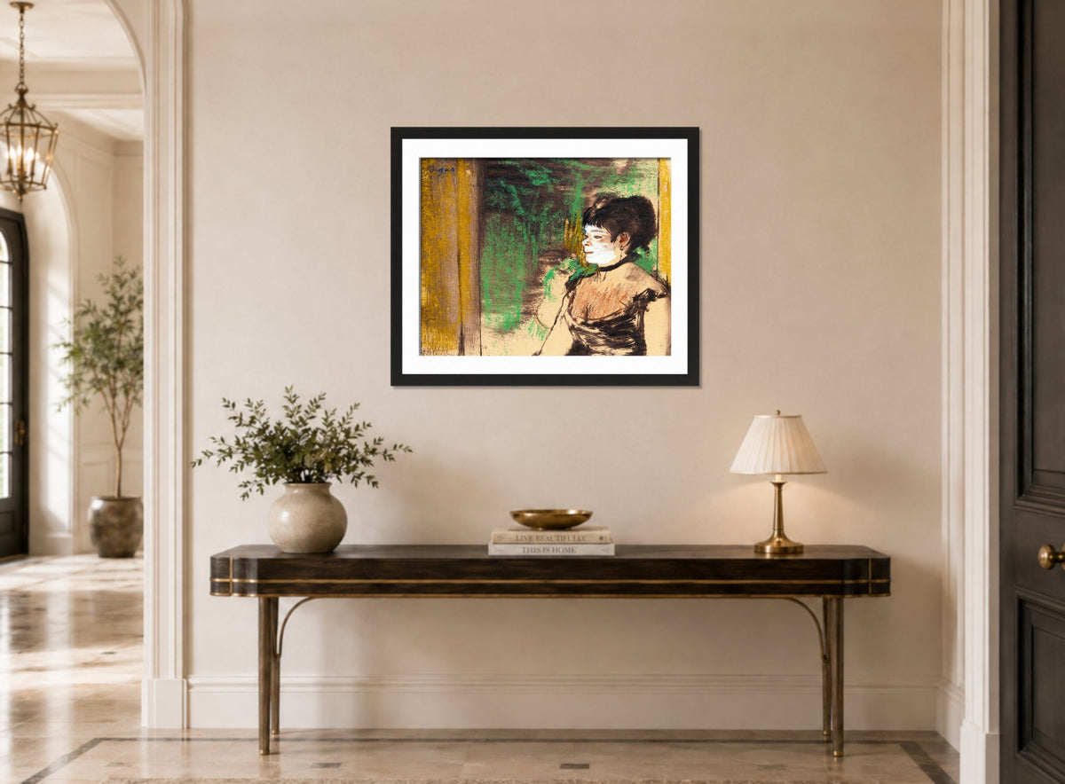 Edgar Degas Print, Chanteuse De Café-Concert (circa 1875-76) displayed above a console table
