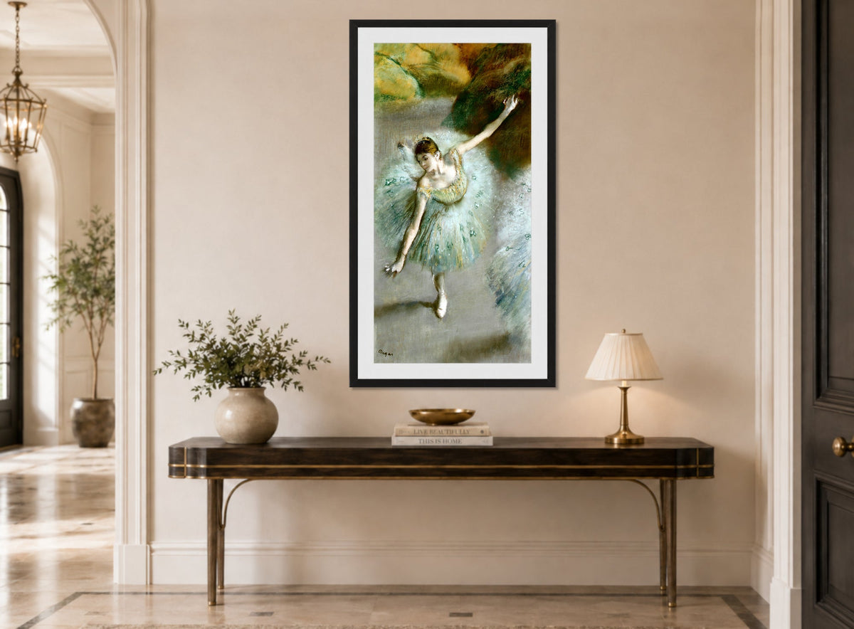 Edgar Degas Print, Dancer in Green (ca displayed above a console table
