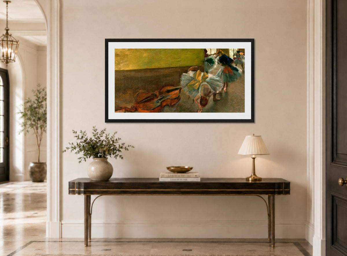 Edgar Degas Print, Dancers in the Rehearsal Room with a Double Bass (ca displayed above a console table