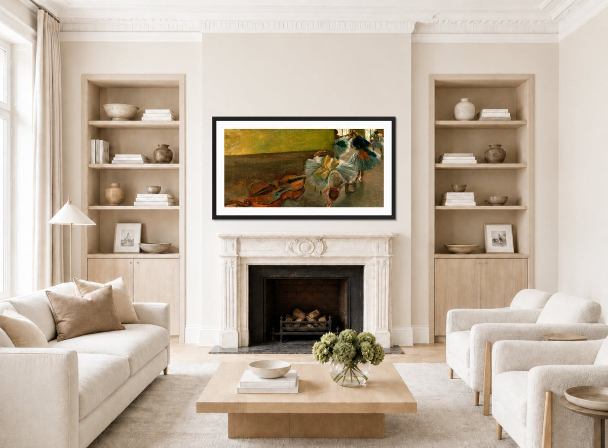 Edgar Degas Print, Dancers in the Rehearsal Room with a Double Bass (ca displayed in a Scandinavian living room