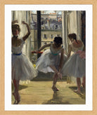 Edgar Degas Print, Danseuses dans une salle d’exercice (Trois Danseuses) (1873) in a light oak frame