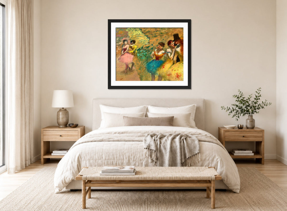 Edgar Degas Print, Danseuses (Les Coulisses de l’Opéra) (1886) displayed above a bed