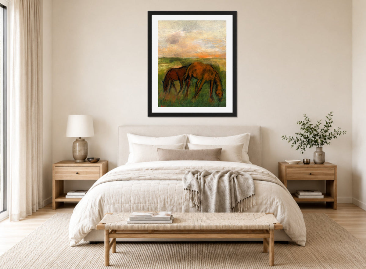 Edgar Degas Print, Deux chevaux au pâturage (circa 1871) displayed above a bed
