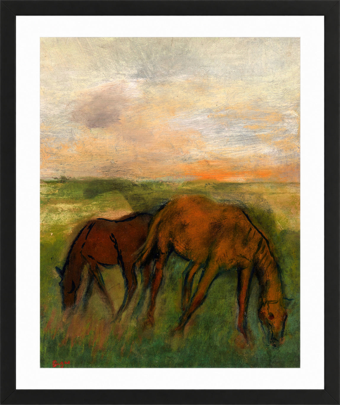 Edgar Degas Print, Deux chevaux au pâturage (circa 1871) in a black frame