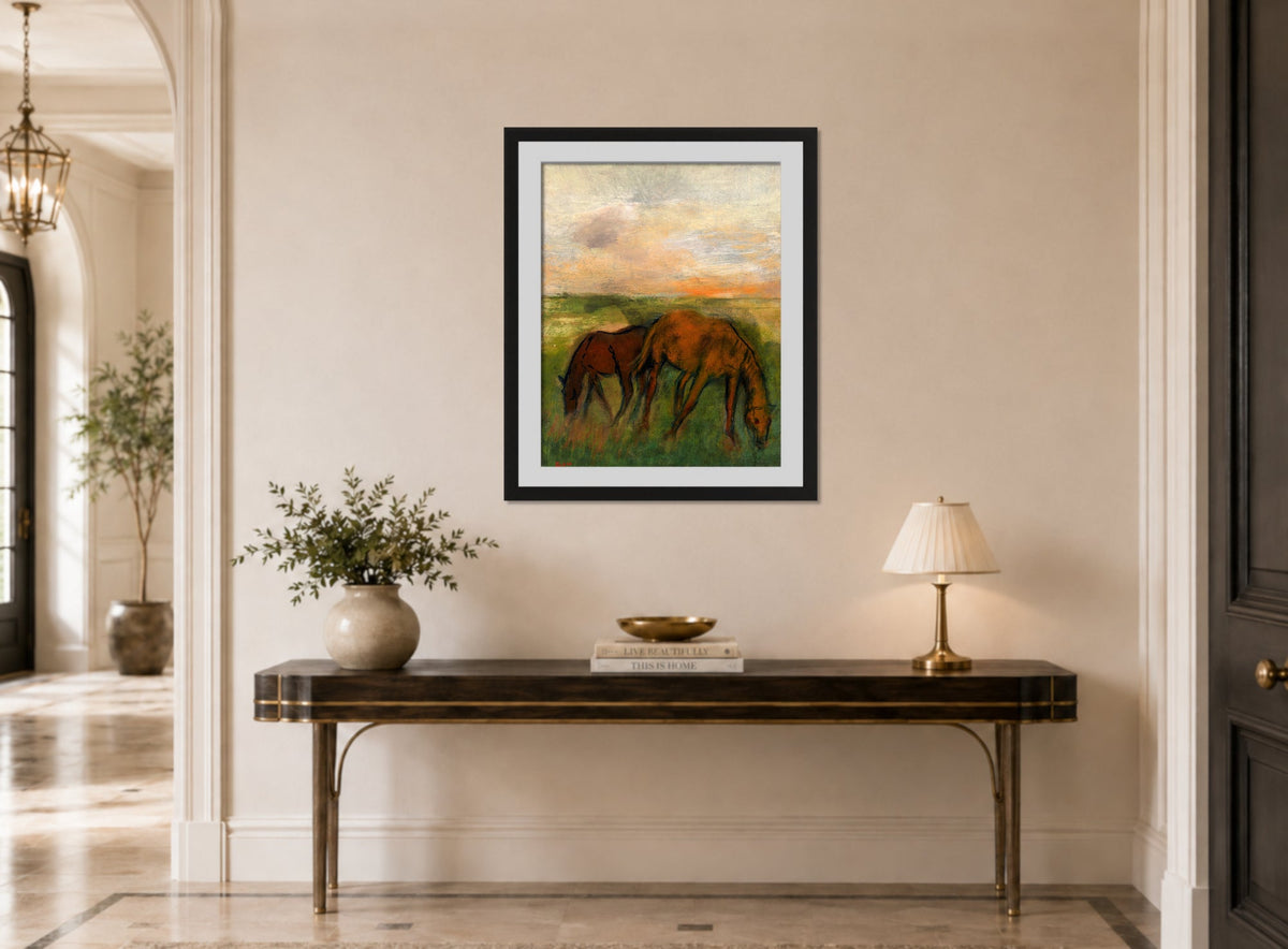 Edgar Degas Print, Deux chevaux au pâturage (circa 1871) displayed above a console table