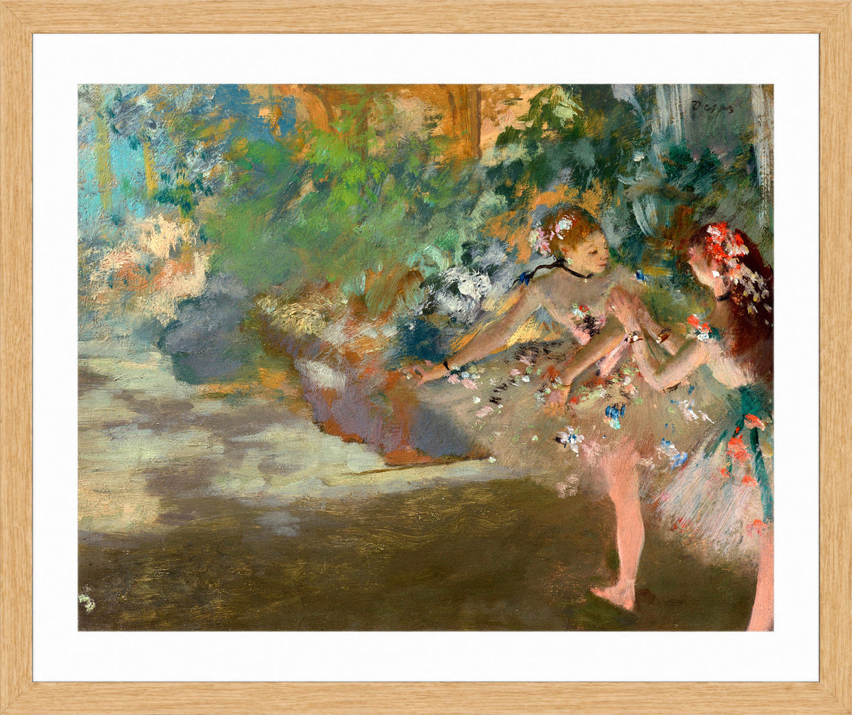 Edgar Degas Print, Deux danseuses sur la scène (circa 1880) in a light oak frame