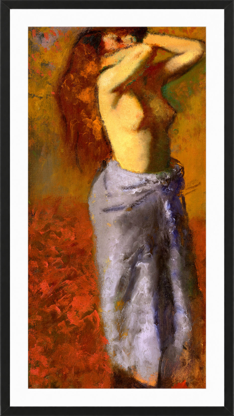 Edgar Degas Print, Femme en peignoir bleu le torse découvert (circa 1887-1890) in a black frame