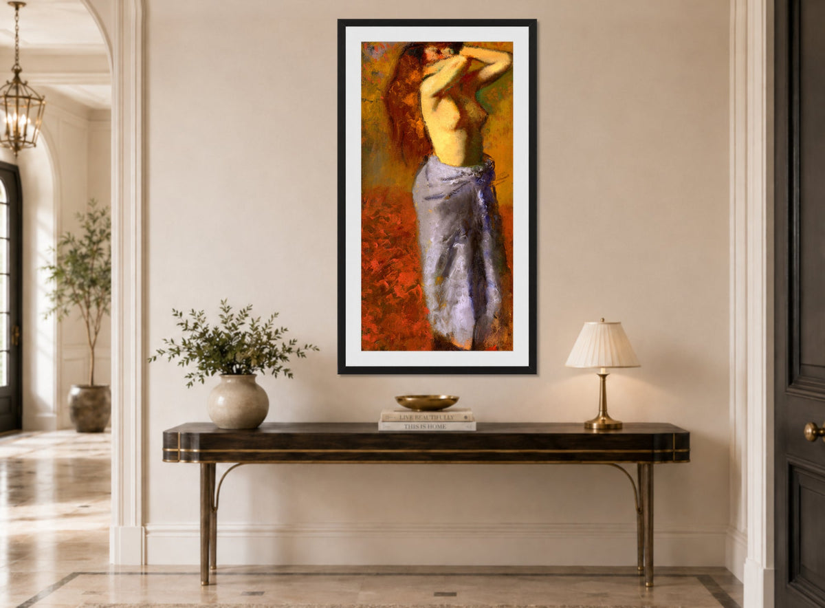 Edgar Degas Print, Femme en peignoir bleu le torse découvert (circa 1887-1890) displayed above a console table