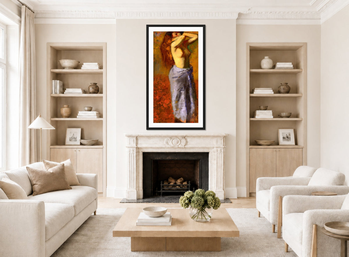 Edgar Degas Print, Femme en peignoir bleu le torse découvert (circa 1887-1890) displayed in a Scandinavian living room