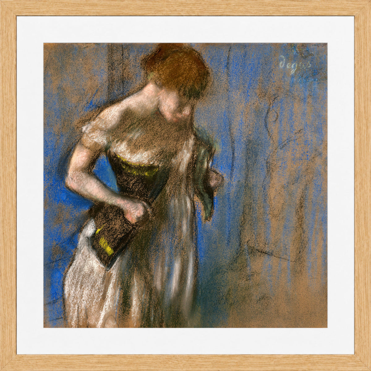 Edgar Degas Print, Femme mettant son corset (circa 1883) in a light oak frame