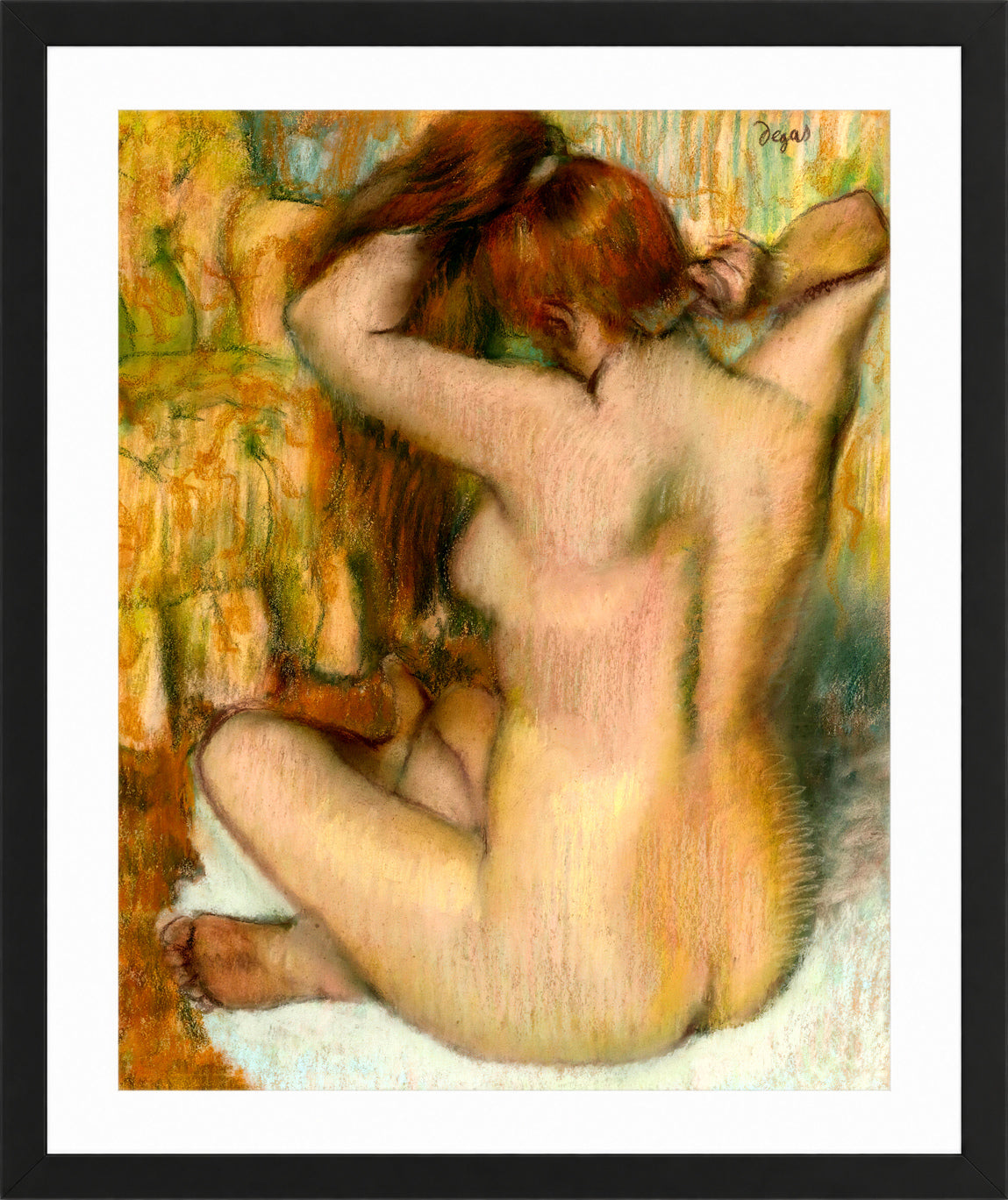 Edgar Degas Print, Femme nue, de dos, se coiffant (femme se peignant) (ca 1886-1888 in a black frame
