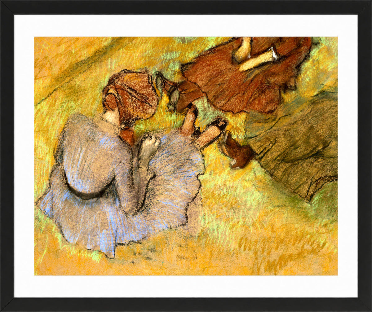 Edgar Degas Print, Femmes assises sur l’herbe (circa 1882) in a black frame