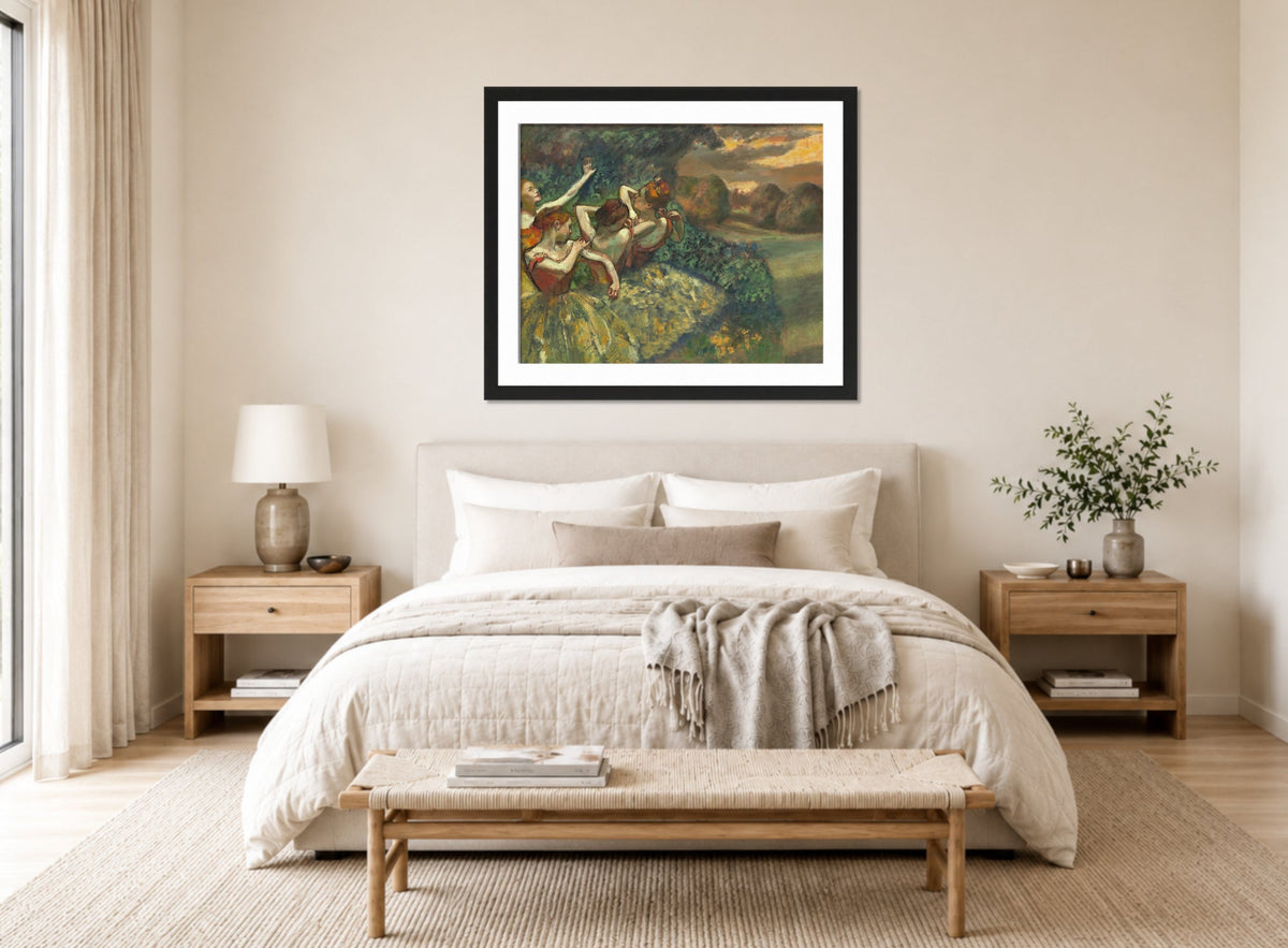 Edgar Degas Print, Four Dancers (c displayed above a bed