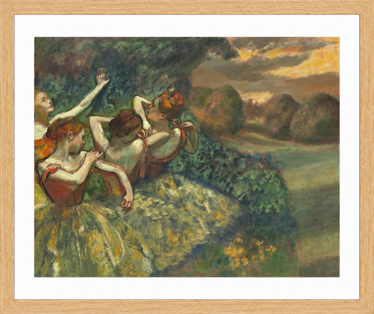 Edgar Degas Print, Four Dancers (c in a light oak frame