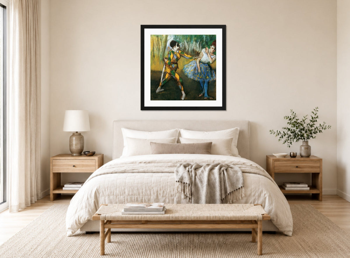 Edgar Degas Print, Harlekin Und Colombine (1886) displayed above a bed