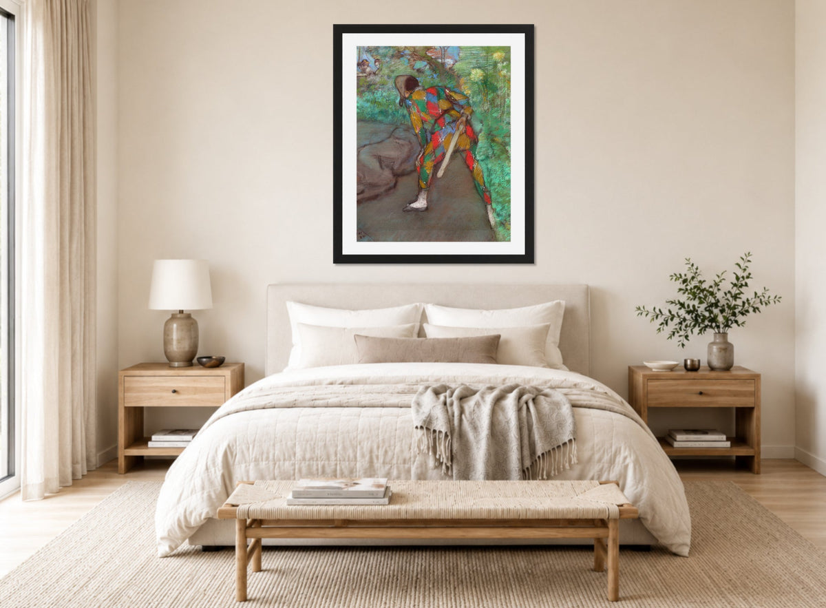 Edgar Degas Print, Harlequin (1885) displayed above a bed