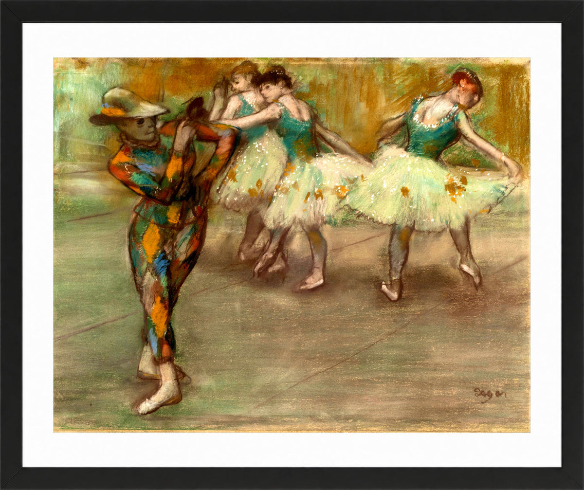 Edgar Degas Print, Harlequin Dance (circa 1890) in a black frame