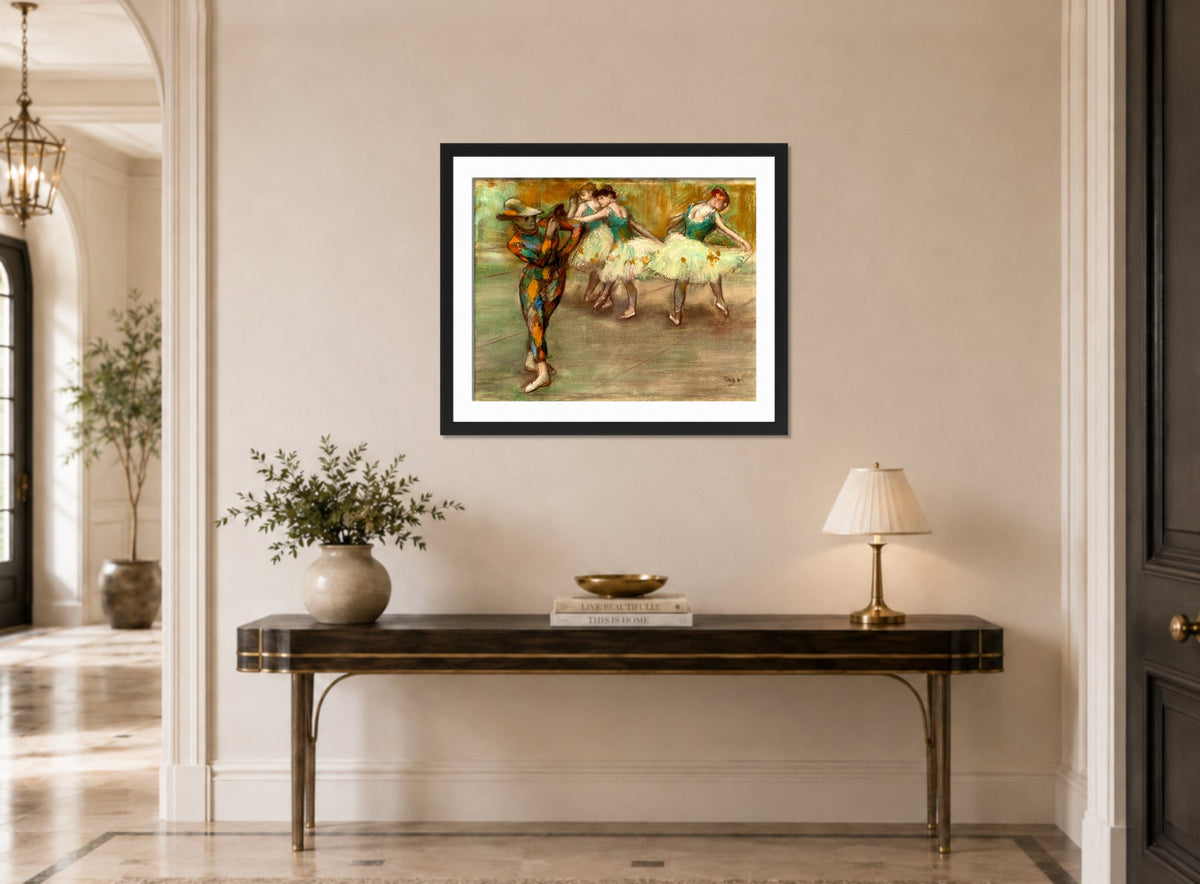 Edgar Degas Print, Harlequin Dance (circa 1890) displayed above a console table