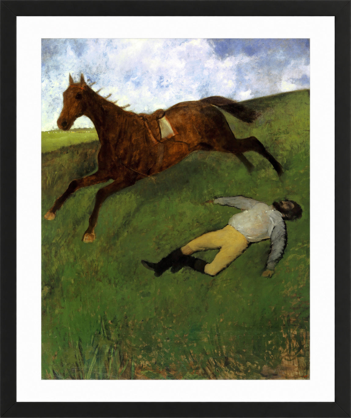 Edgar Degas Print, Injured Jockey (1896) in a black frame