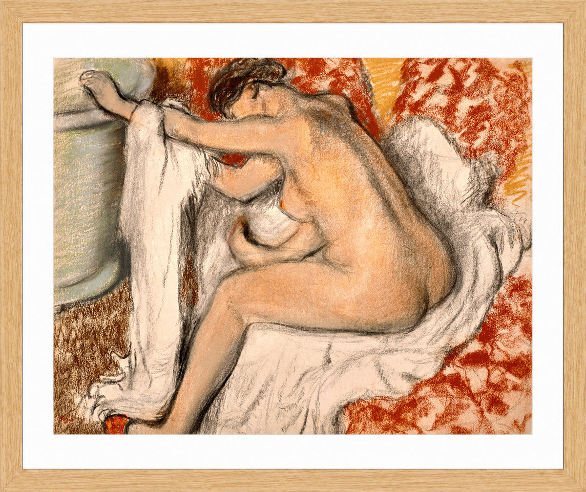 Edgar Degas Print, La sortie du bain (circa 1884) in a light oak frame