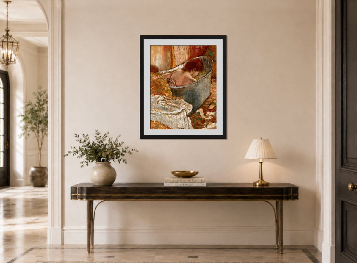 Edgar Degas Print, Le Bain (Femme dans sa baignoire) (circa 1886) displayed above a console table