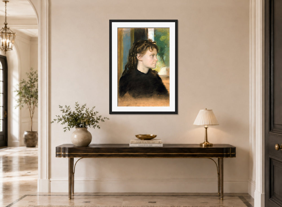 Edgar Degas Print, Madame Théodore Gobillard (Yves Morisot, 1838–1893) (1869) displayed above a console table