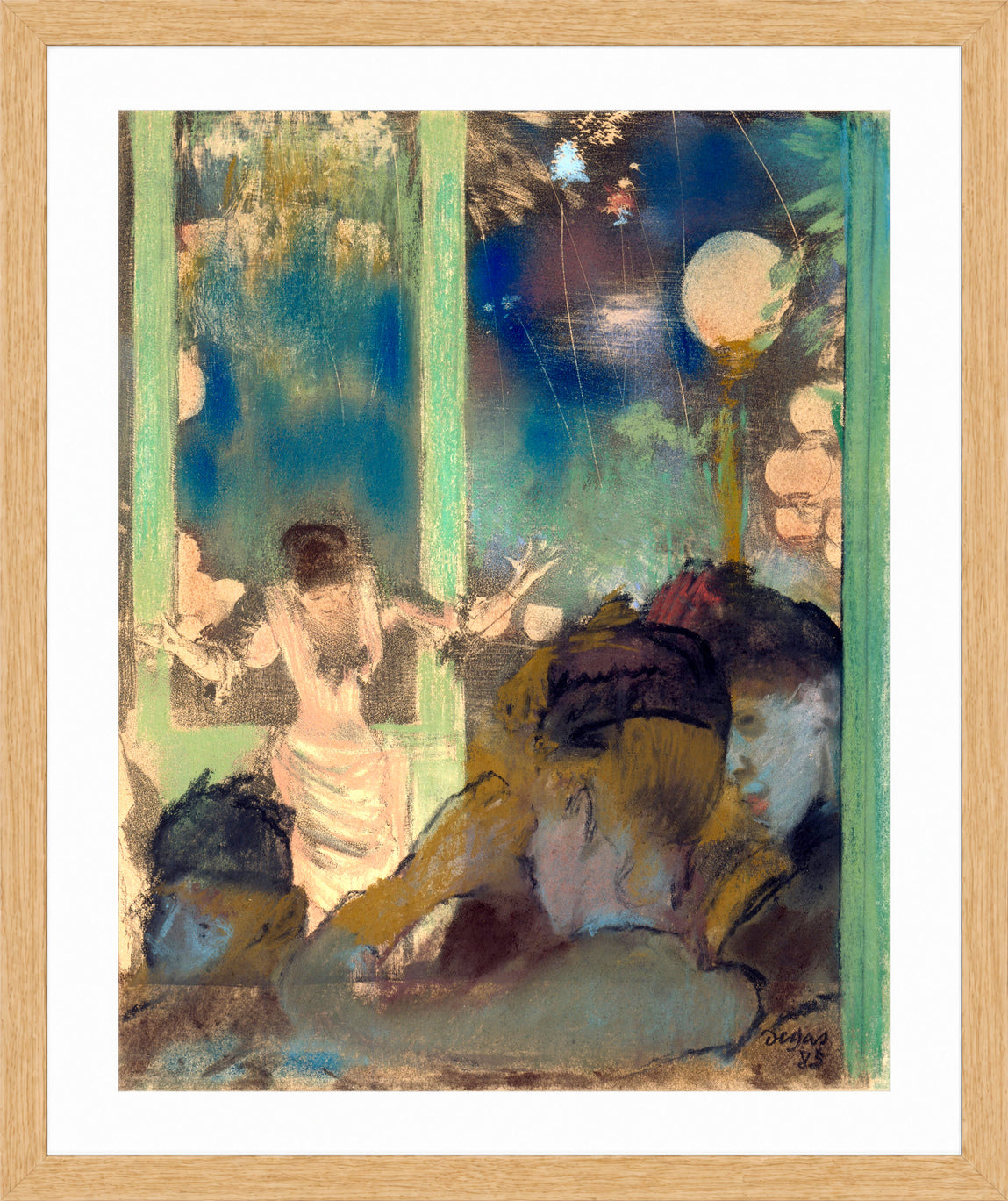 Edgar Degas Print, Mademoiselle Bécat at the Café des Ambassadeurs (1885) in a light oak frame