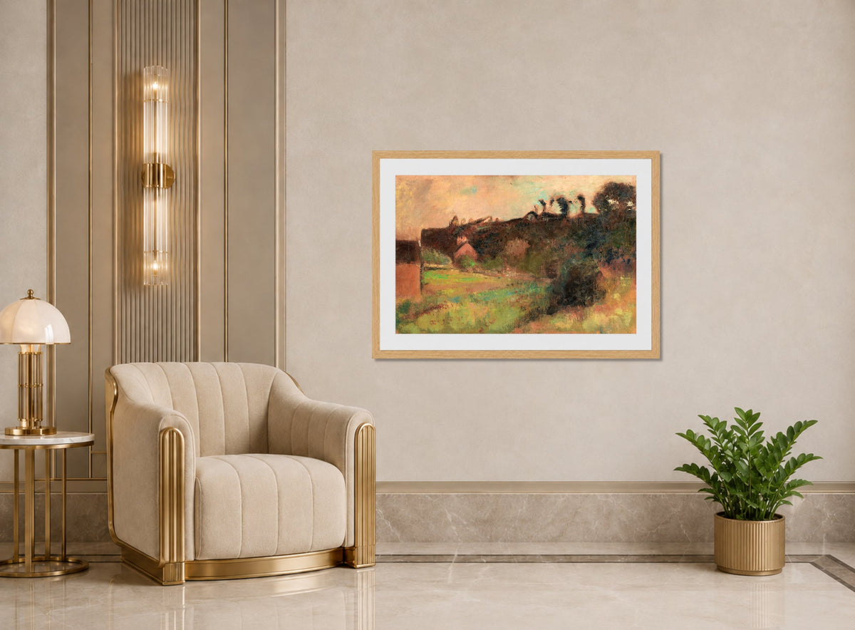 Edgar Degas Print, Maisons Au Pied D’une Falaise (circa 1895-98) displayed in an Art Deco interior