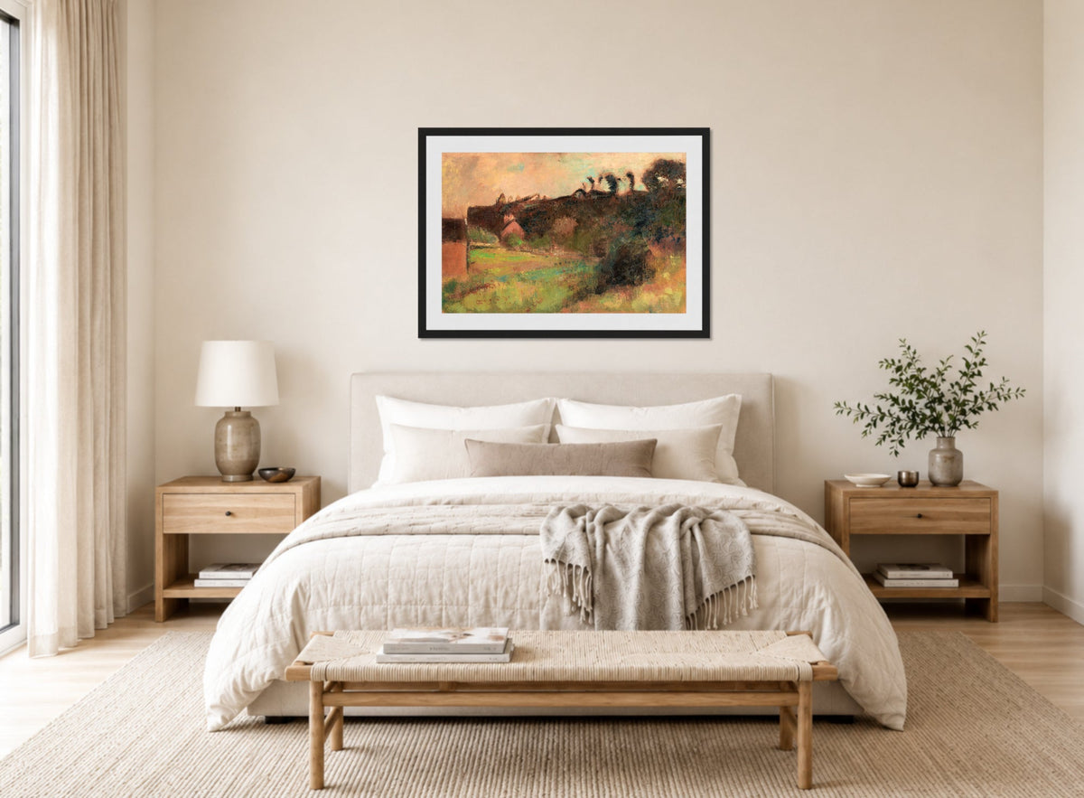 Edgar Degas Print, Maisons Au Pied D’une Falaise (circa 1895-98) displayed above a bed