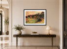 Edgar Degas Print, Maisons Au Pied D’une Falaise (circa 1895-98) displayed above a console table