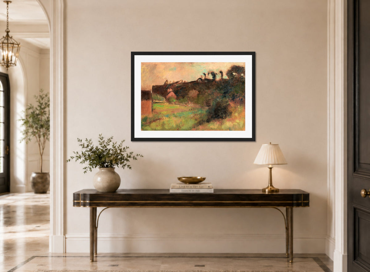 Edgar Degas Print, Maisons Au Pied D’une Falaise (circa 1895-98) displayed above a console table