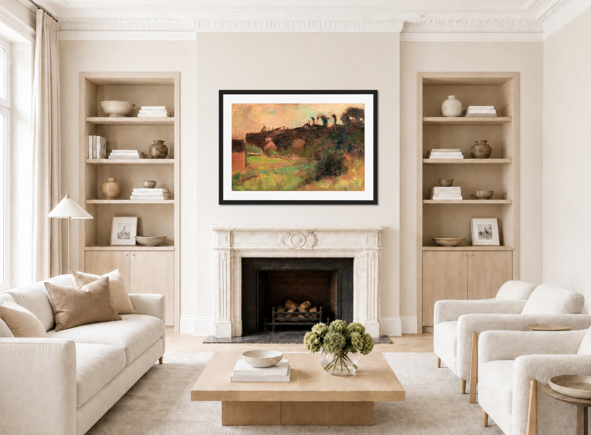 Edgar Degas Print, Maisons Au Pied D’une Falaise (circa 1895-98) displayed in a Scandinavian living room