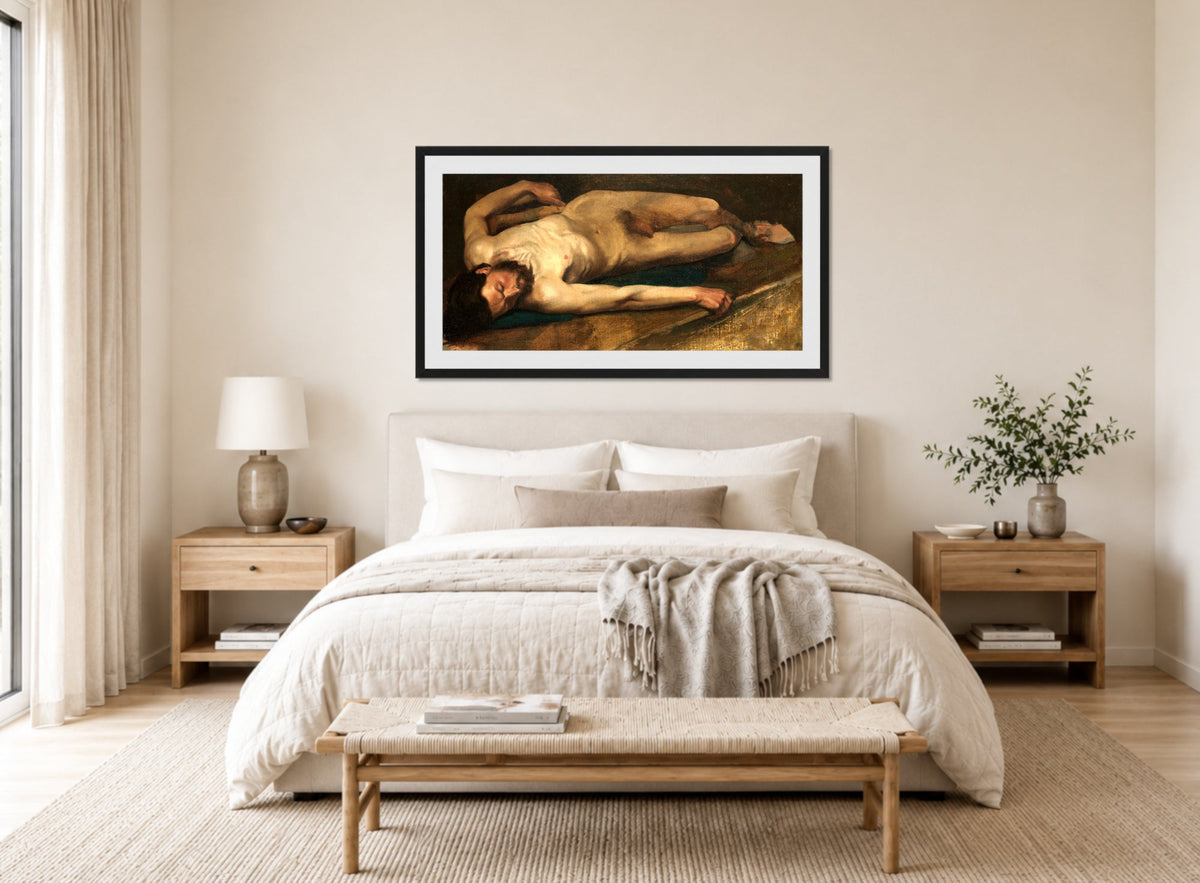 Edgar Degas Print, Male Nude (1856) displayed above a bed